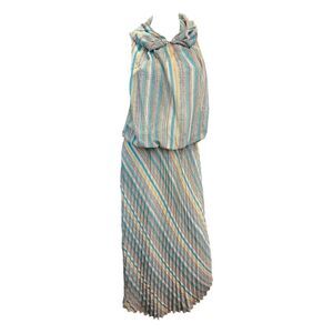 Perfect Pleated Sleeveless Maxi Dress Size 2 Striped Green Blue